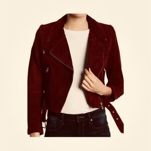VIGOSS WOMEN BURGUNDY GENUINE SUEDE LEATHER BELTED CROPPED MOTOR JACKET SIZE S